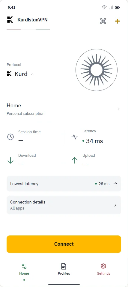 Kurdistan VPN app design showing Home with the VPN off
